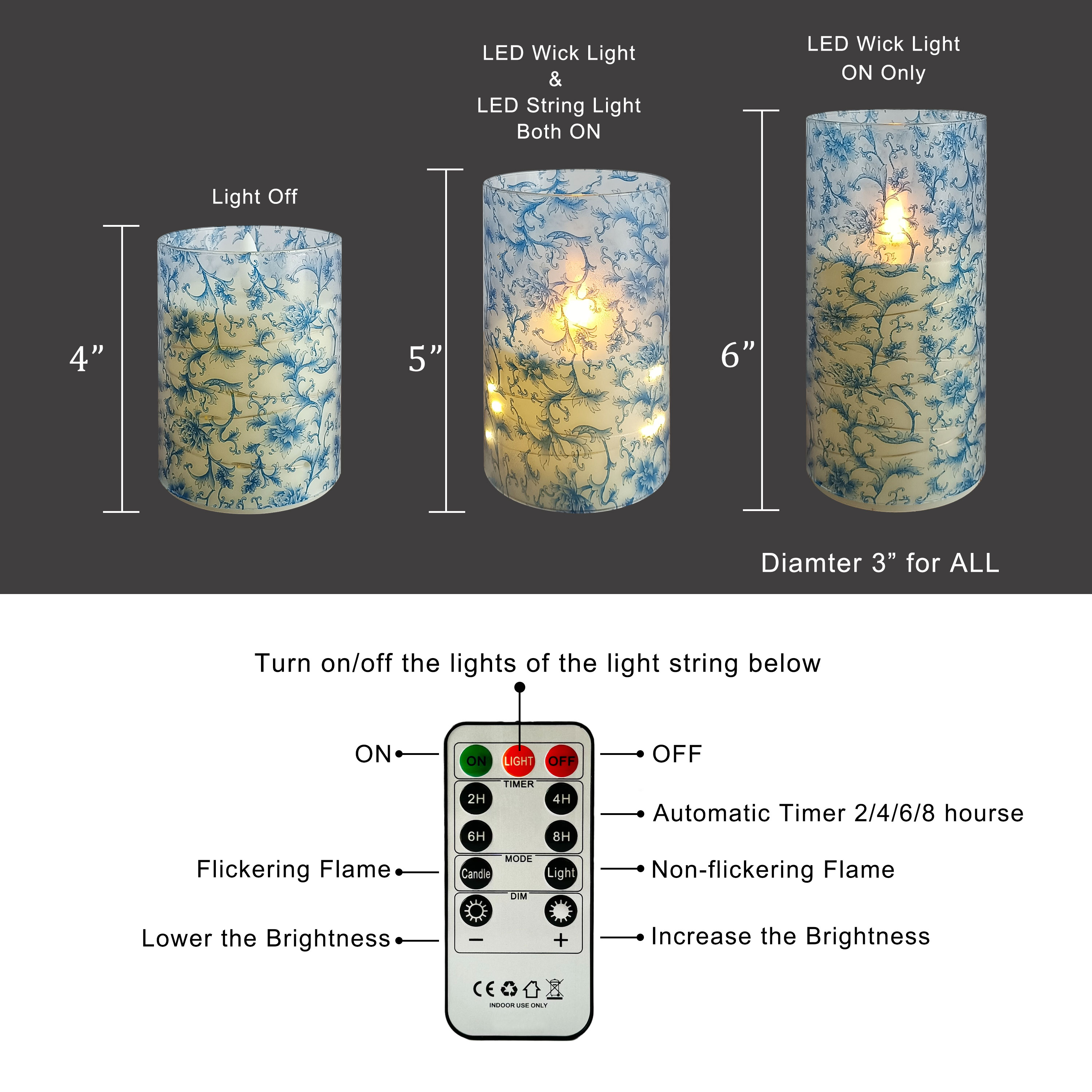 Flameless Candles with String Lights LED Candle Battery Operated Candles with Remote Control,Printed Pillar LED Candles for Wedding Holiday Table Home Decorations,Set of 3