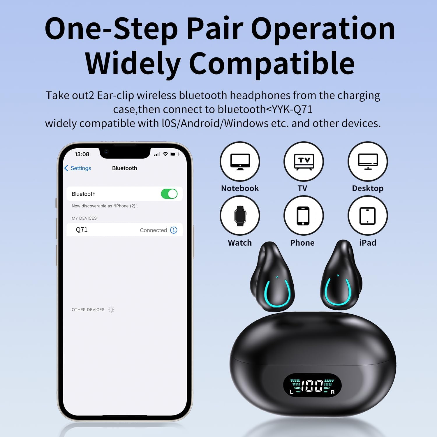 Open Ear Headphones Wireless Bluetooth 5.3 Clip On Earbuds with Digital Display Charging Case Button Control Mini Light-Weight Sport Earphones Built-in Mic IPX7 Waterproof for Running Fitness Black