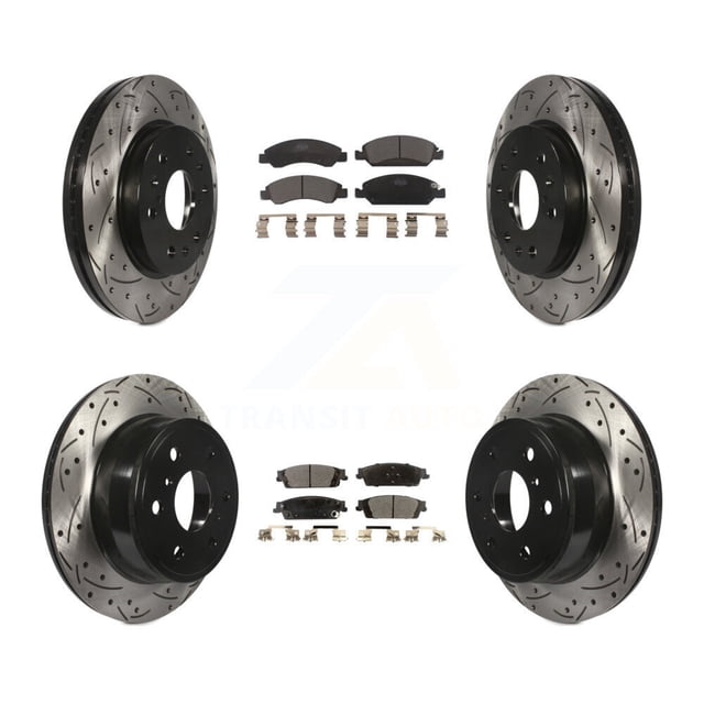 Transit Auto Front Rear Coated Drilled Slotted Disc Brake Rotors and Ceramic Pads Kit for Car GMC Sierra 1500 Chevrolet Silverado Tahoe Yukon Cadillac XL Escalade Suburban ESV KDT-100198