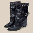 thumbnail image 4 of Dakaela Women's Fold over Boots Pointy Toe Mid Calf Cowboy Western Booties Buckles Pull on Dressy Winter Riding Shoes Black 7, 4 of 7