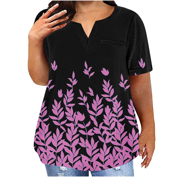 Fiudx Ofertas Del Día Blusas de Talla Grande para Mujer, Blusa con Cuello En V, Blusa Informal Holgada de Manga Corta de Verano
