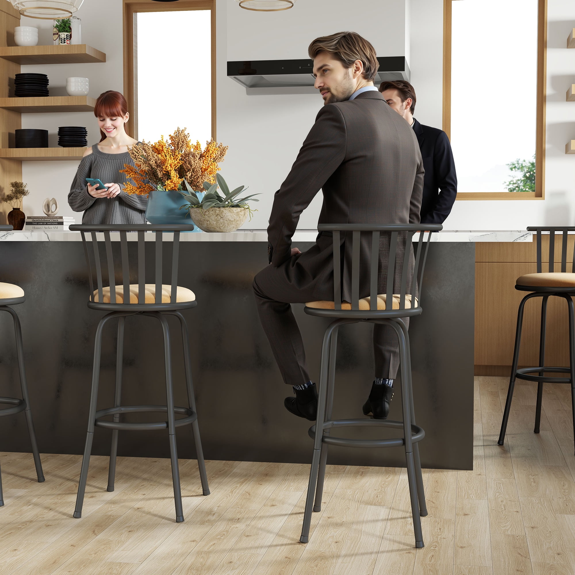 Homy Casa 3 Pack Bar Stools Swivel Adjustable 24/29 In Kitchen Island Chairs with Metal Frame, Brown