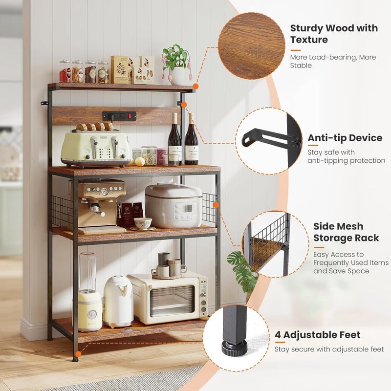 Simenmax 23.6" Kitchen Bakers Rack with Power Outlet, 4-Tier Adjustable Microwave Stand, Coffee Bar Station, Brown Storage Shelf Appliance Organizer