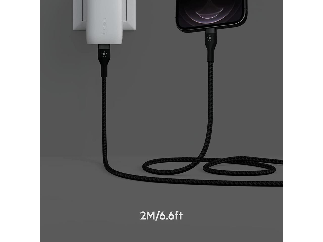 Belkin BoostCharge Pro Flex Braided USB Type C to Lightning Cable (2M/6.6ft), MFi Certified 20W Fast Charging PD Power Delivery for iPhone 14, iPhone 13, 12, 11, Pro, Max, Mini, SE, iPad - Black