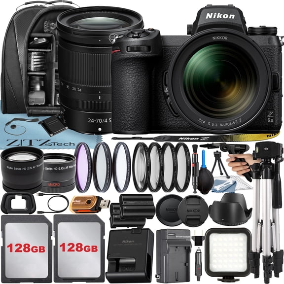 Nikon Z6 II Mirrorless Camera with NIKKOR Z 24-70mm f/4 S Lens   2 Pack 128GB Memory Card   Case   Tripod   ZeeTech Accessory Bundle (International Version)
