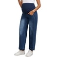 thumbnail image 4 of INSPIRE CHIC Womens Maternity Denims Wide Leg Over the Belly Support Loose Straight Pregnancy Denim Pants with Pockets L Dark Blue, 4 of 6