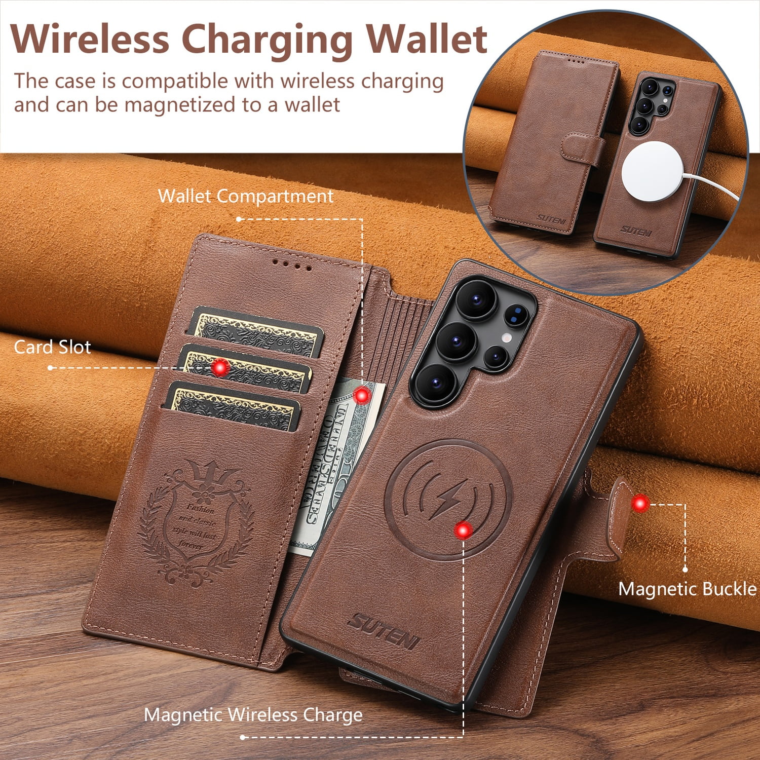 for Samsung Galaxy S24 Ultra Detachable Wallet Case, PU Leather Magnetic Cover Support Wireless Charging & Magnetic Car Mount, Card Slots Holder, Flip Stand, Folio Protective Phone Shell, Brown