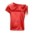 thumbnail image 4 of RYRJJ Women's Off Shoulder Satin Tops Elegant Short Sleeve Asymmetrical Neck Silk Blouse Dressy Casual Shirts(Red,L), 4 of 6
