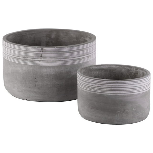 Cement Low Round Pot With Ribbed Band Rim Top, Set of 2, Gray