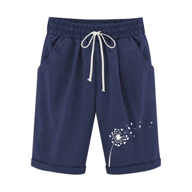 Bowake Summer Shorts for Women Casual Loose Printed Elastic Waist Drawstring Knee Length Shorts with Pockets