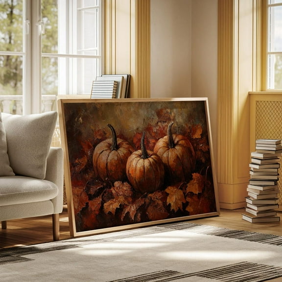 Rustic Autumn Pumpkin - Warm Fall Decor With Harvest Pumpkins And Leaves, Cozy Seasonal Wall Art For Home Or Kitchen Wall Art, Modern Wall Decor, 8x12 UNFRAMED