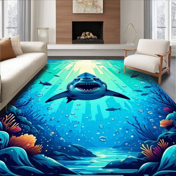 ODIKA 4'x6' Machine Washable Non-Slip Area Rug, Underwater Adventure with Bold Jaws and Ocean Waves High Traffic Rug, Blue, 65648