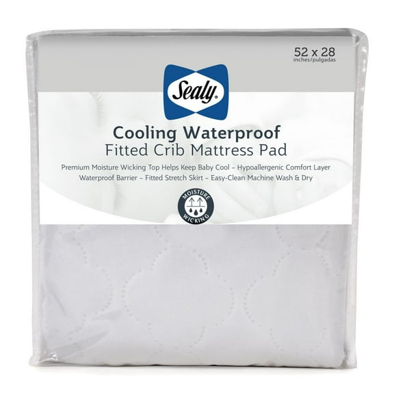 Sealy Cooling Moisture Wicking Waterproof Crib Mattress Pad, Baby/Toddler Mattress Protector 52x28