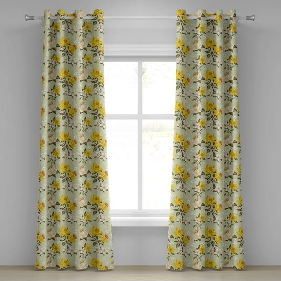 Ambesonne Spring Grommet Curtain, Floral Narcissus Branch, 50" x 72", Yellow Khaki Cream