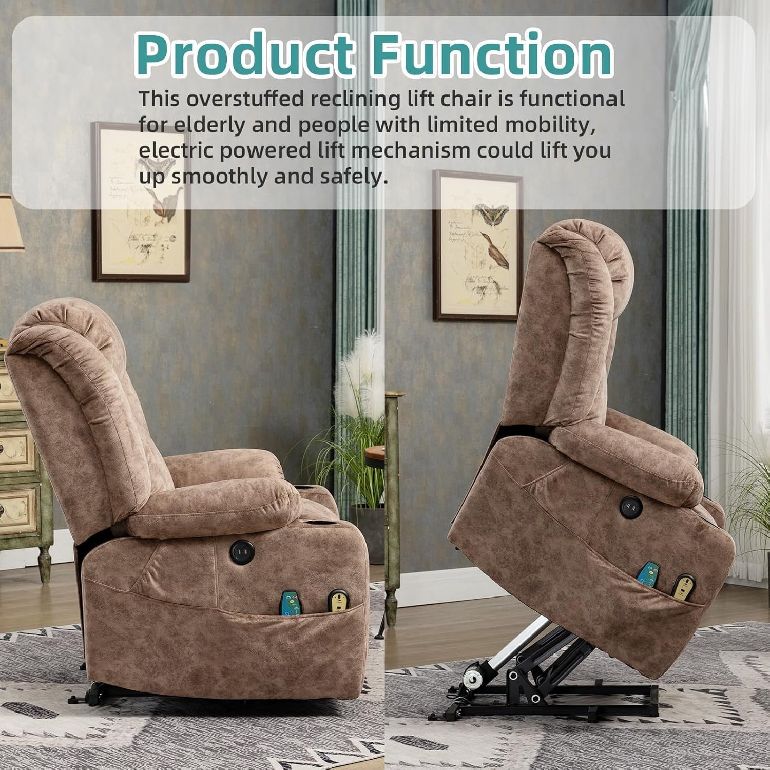 MEETWARM Large Power Lift Electric Recliner Chair with Extended Footrest for Big Tall Man, Overstuffed Wide Recliner with Heat and Massage, 2 Remote Controls/4 Side Pockets/USB Ports(Plush-Brown)