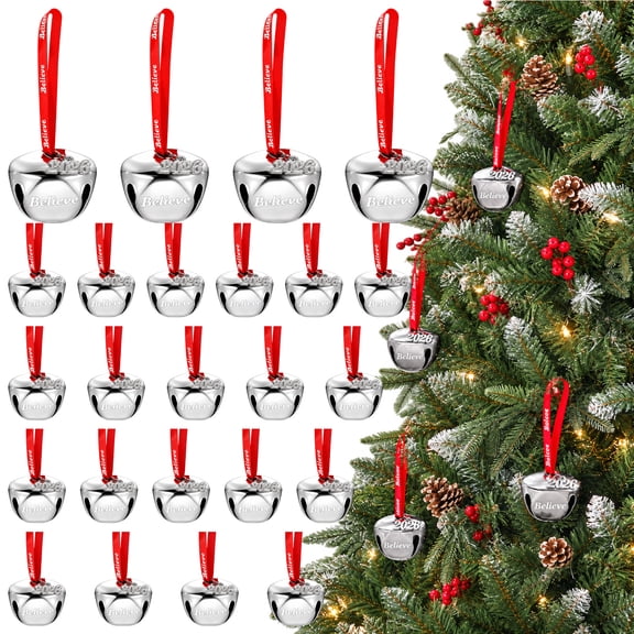 Miguan 24Pcs 2026 Christmas Ornament Bell with Red Hanging Ribbon, Silver Holiday Tree Decor, Believe Keepsake Decoration for Christmas Tree, Xmas Party Home Gift Home Decoration