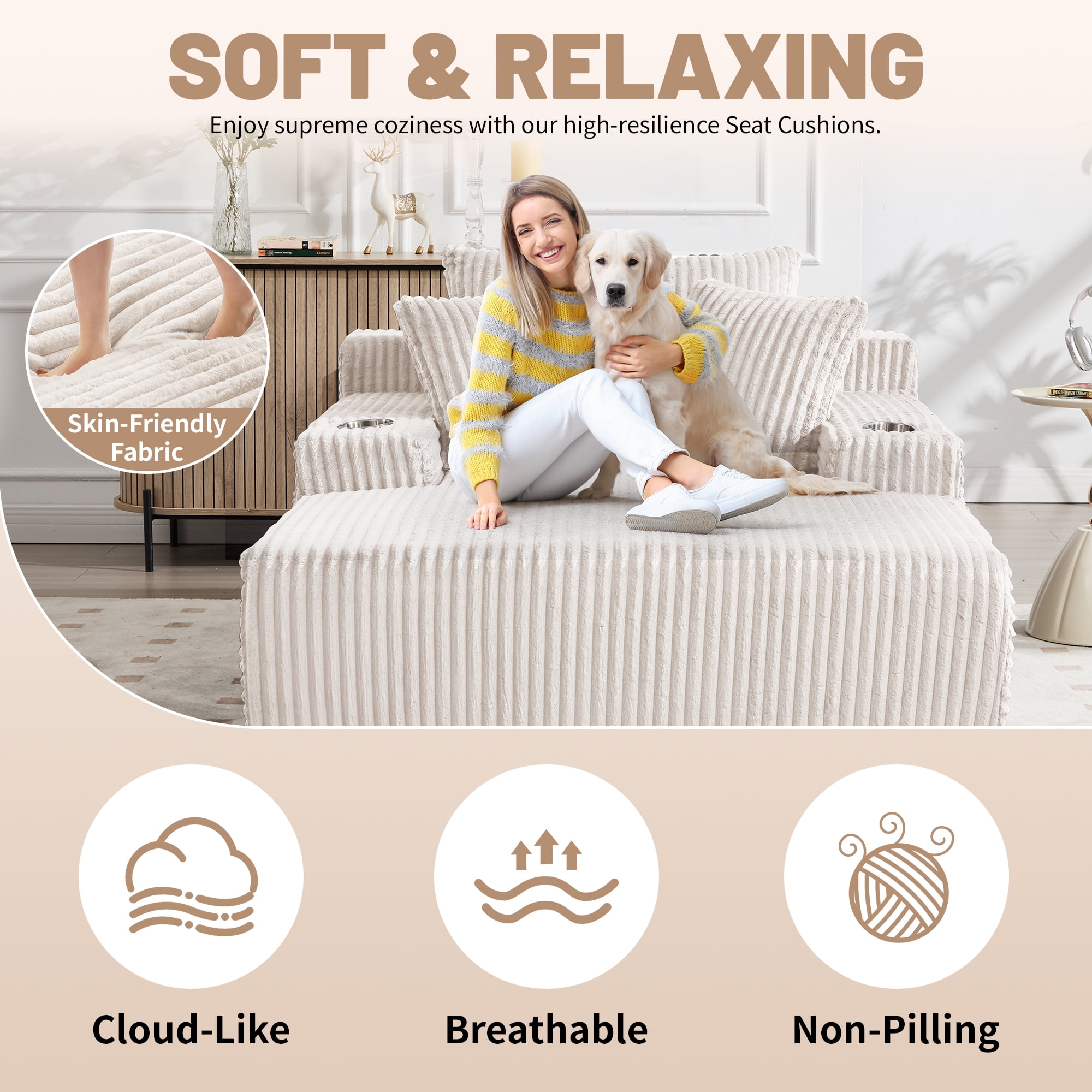 66" Chaise Lounge Chair Indoor, Oversized Corduroy Upholstered Boneless Sofa with USB & Type C, Deep Seat Sleeper Couch Reading Chairs with Pillows, Pre-assembled Corduroy Sofas Couches Living Room