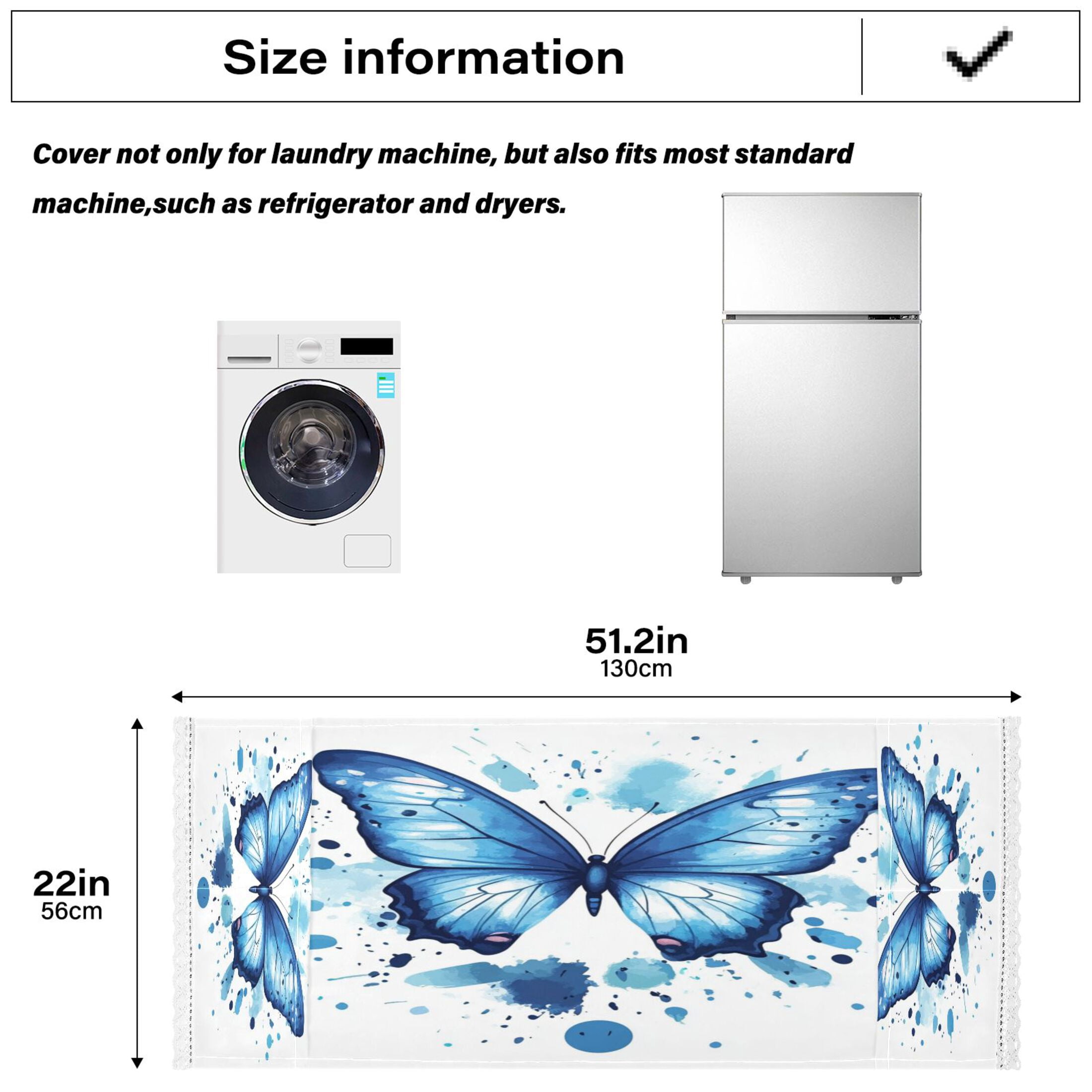 Blue ButterflyWasher and Dryer Covers Dust-Proof and Oil Resistant Fridge Cover with 4 Storage Pockets Washing Machine Top Cover for Laundry Kitchen Home 51.2 x 22 In