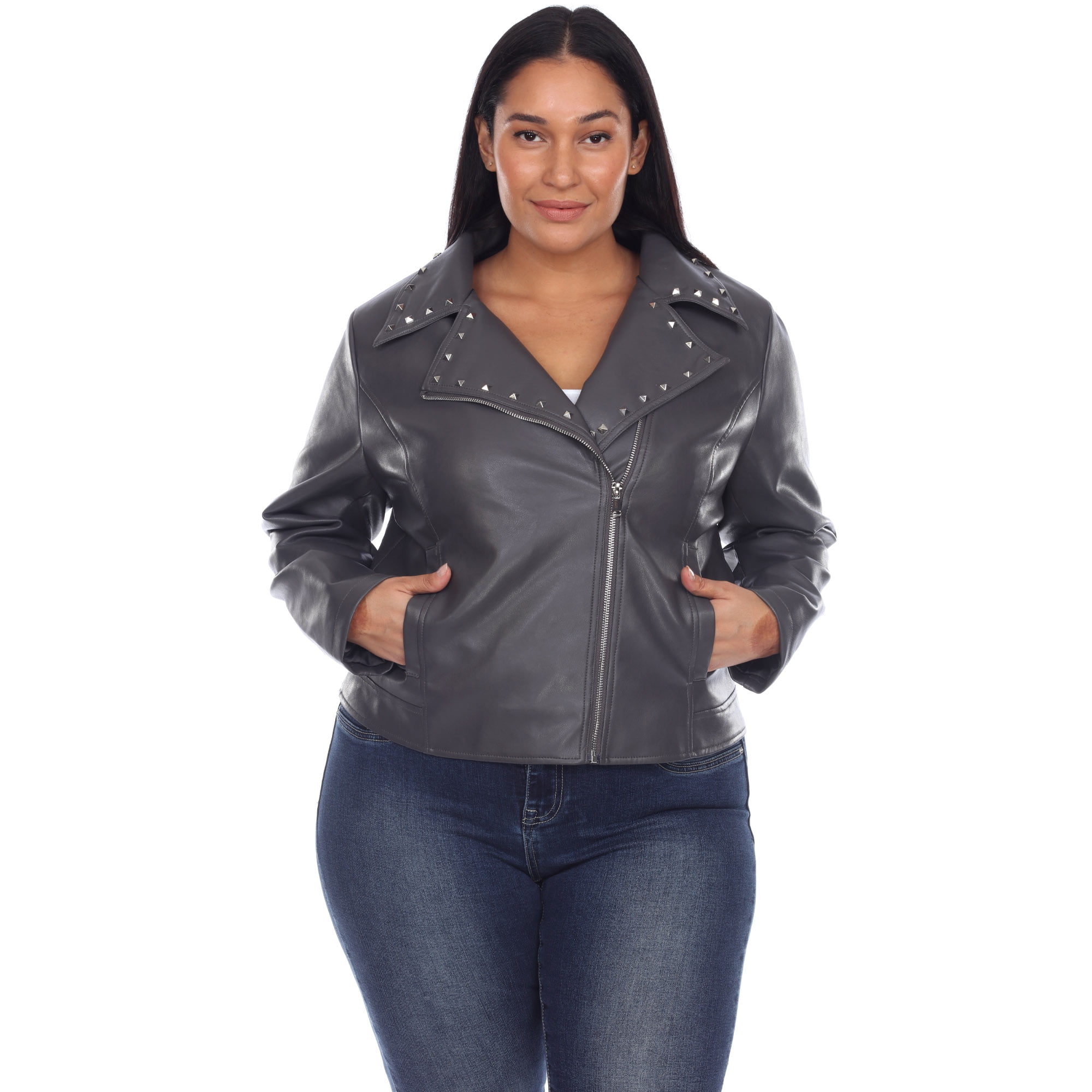 White Mark Women's Plus Size PU Faux Leather Studded Jacket