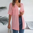 thumbnail image 2 of Women's Boho Crochet Knit Cardigan with Short Sleeves and Open Front Design Featuring Lightweight Textured Fabric Pink L, 2 of 7