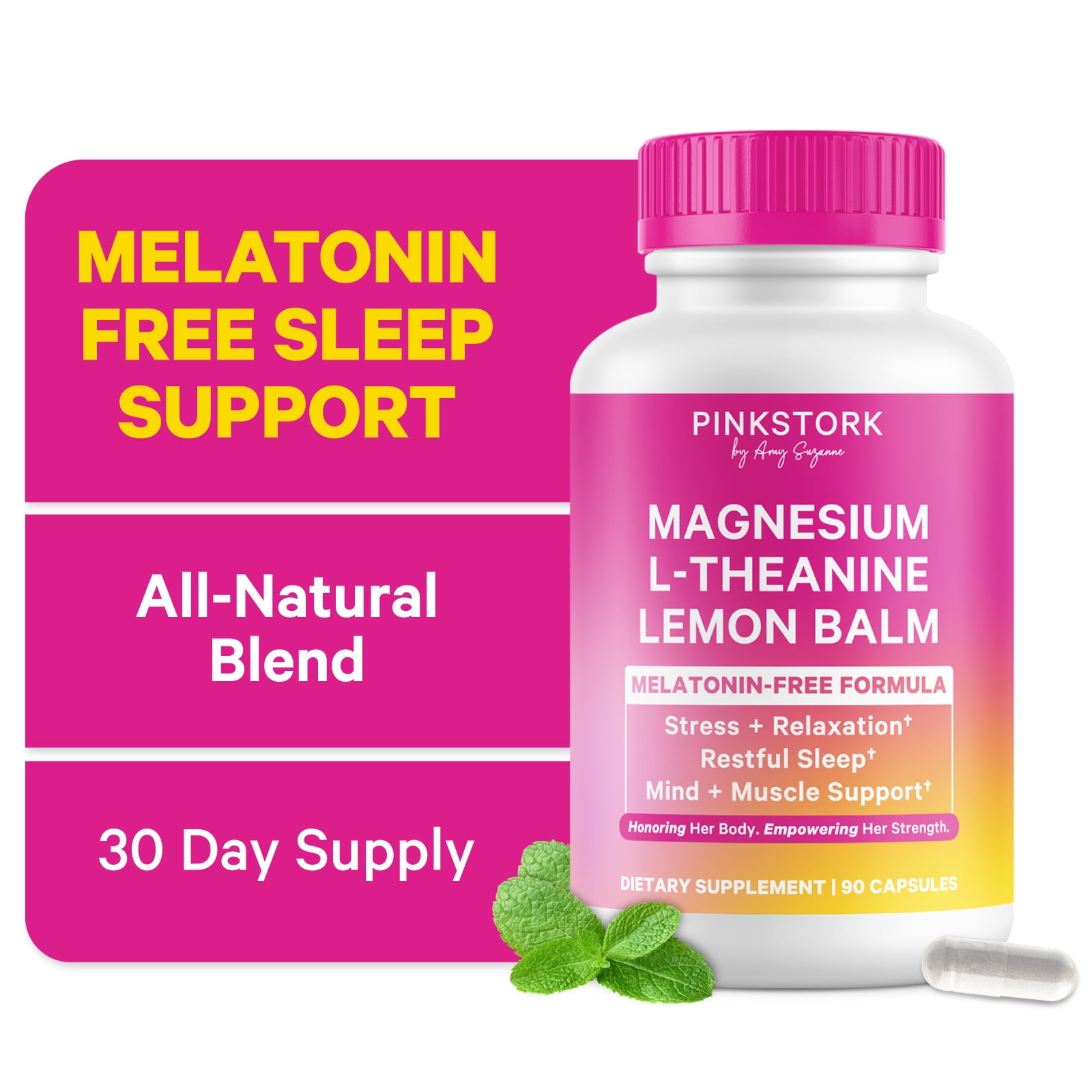 Pink Stork Magnesium Glycinate, L-Theanine, Lemon Balm - 90 Count