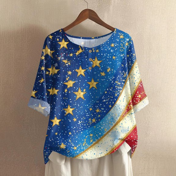 4th of July Outfits for Women Crew-Neck Button Patriotic Tops Short Sleeve Summer USA T-Shirt
