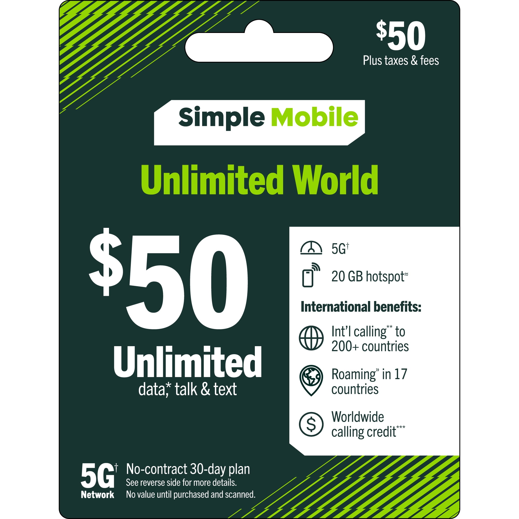Simple Mobile $50 Unlimited World 30-Day Prepaid Plan + 20GB Mobile Hotspot & International Calling Credit Direct Top Up