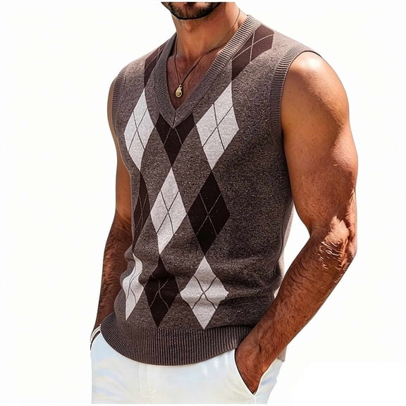 Ecqkame Mens Tank Tops Knitted Pit Stripe Slim Fit Textured Vest V-Neck Sleeveless Casual Lightweight Breathable Daily Versatile Tops Brown Free Size