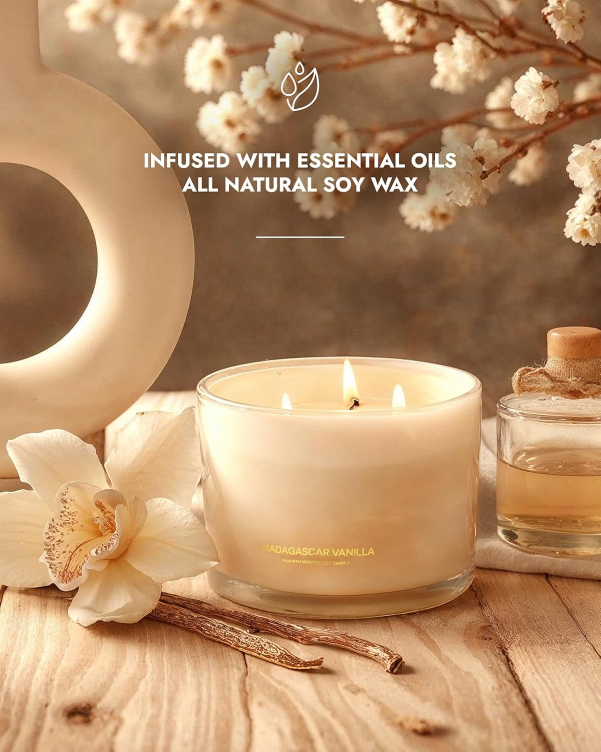 Luxury Vanilla Soy Candles | Large 3 Wick Jar Candle Up to 50 Hours Burning Time 100% Natural Wax Relaxing Aromatherapy Aesthetic Housewarming Gift for Men and Women