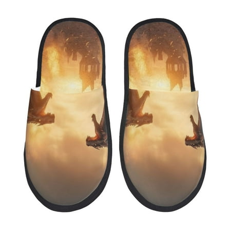 Balery Castle Cool Fire Dragon Slient Indoor Furry Fleece Comfort House Shoes Soft Non-Slip Home Shoes Cotton slippers House Slippers-- Medium