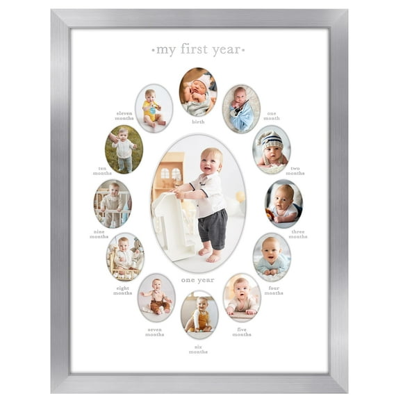 Americanflat 12x16 First Year Photo Frame with Shatter-Resistant Glass - Fits Twelve 2x3 Photos and One 5x7 Picture - Collage Frame for Nursery Decor, Newborn Mom Gift or Baby Shower - Silver