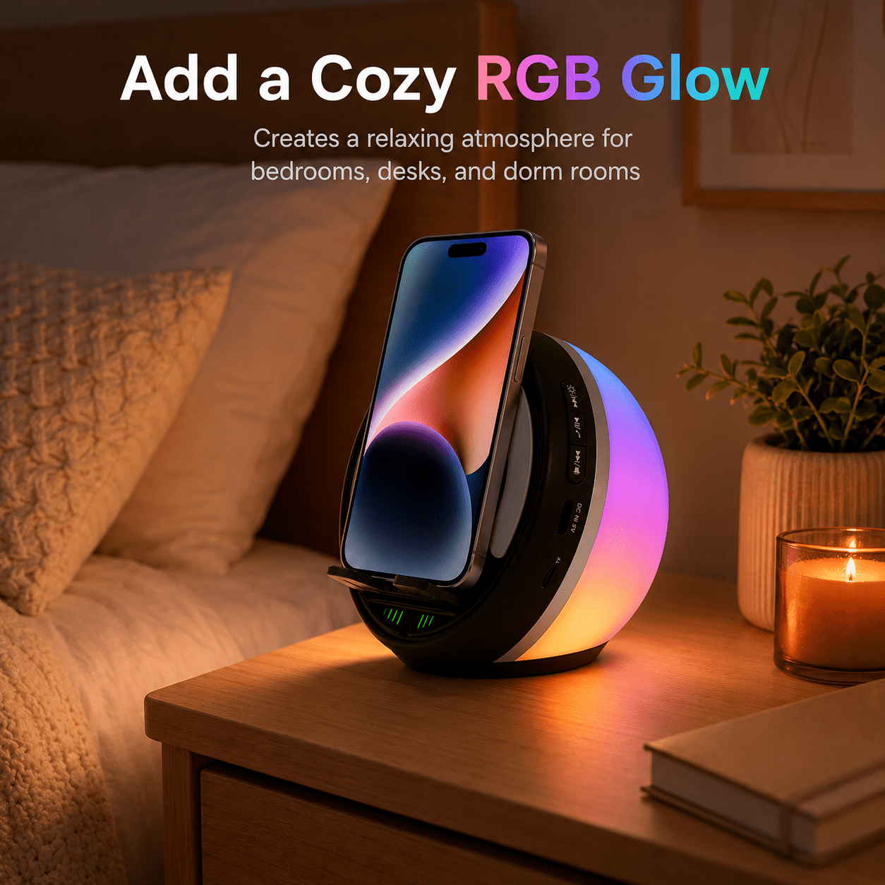 JDMEOPD 5-in-1 Induction Speaker Phone Stand with RGB Night Light, Rechargeable Bluetooth Desk Speaker, Gift for Men Women