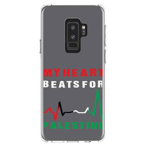 DistinctInk Clear Shockproof Hybrid Case for Samsung Galaxy S9  PLUS (6.2" Screen) - TPU Bumper, Acrylic Back, Tempered Glass Screen Protector - My Heart Beats for Palestine