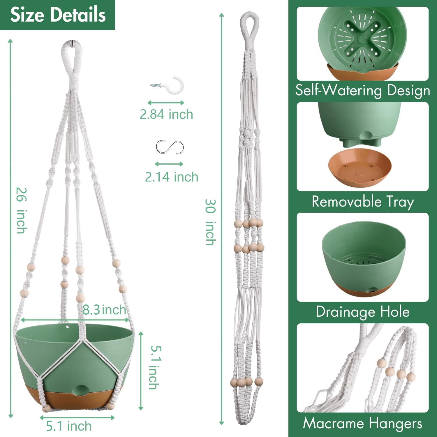 Diigabo 3-Pack 8-inch Self-Watering Hanging Planters with Macrame Hanger Indoor Plastic Plant Pots with Drainage Hole&Saucers Flower Baskets for Outdoor Garden Home Ceiling Decor(Green)