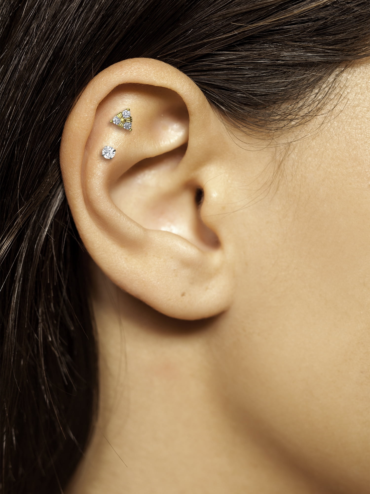 Women's Cubic Zirconia Two-Tone Cartilage Stud Set, 2-Piece Cartilage and Lobe Earrings