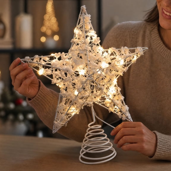 TTJ Christmas Tree Topper Star,White Metal Five Pointed Star with Light String,Illuminated Christmas Tree Top Decoration,Holiday Ornament for Home Party Indoor Hanging Decor