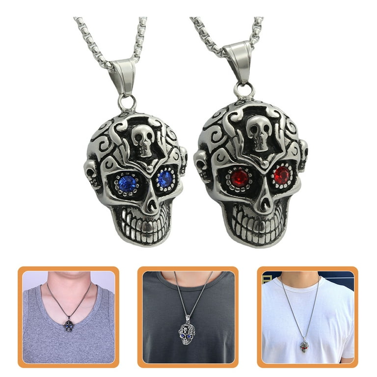 2Pcs Halloween Skull Necklace Stainless Steel Gothic Punk 2Pcs Halloween Skull Necklace Stainless Steel Gothic Punk
