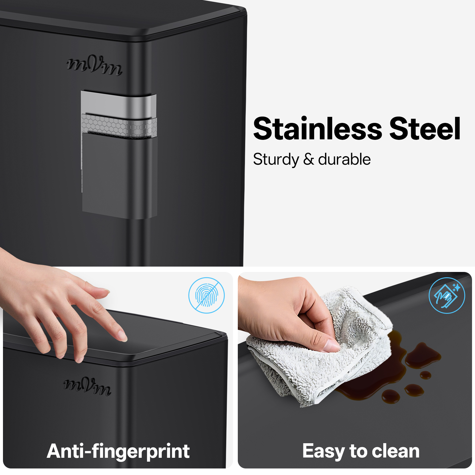 mVm Black Trash Can, 10.6 Gal Stainless Steel Kitchen Trash Can with Foldable Pedal (Black)