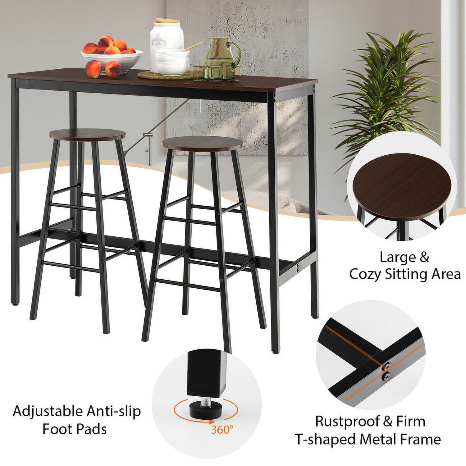 Finihen Dining Set, Dining Table Set, 3 Piece Pub Table and Stools Kitchen, for Home, Restaurant, Brown Finihen Dining Set, Dining Table Set, 3 Piece Pub Table and Stools Kitchen, for Home, Restaurant, Brown