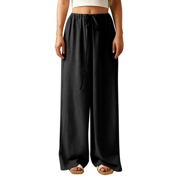 YIFUNIN Women's Loose Wide Leg Cotton Linen Pants with Drawstring, Pocketless Casual Trousers for Relaxed Fit, Breathable Natural Fabric,Black L