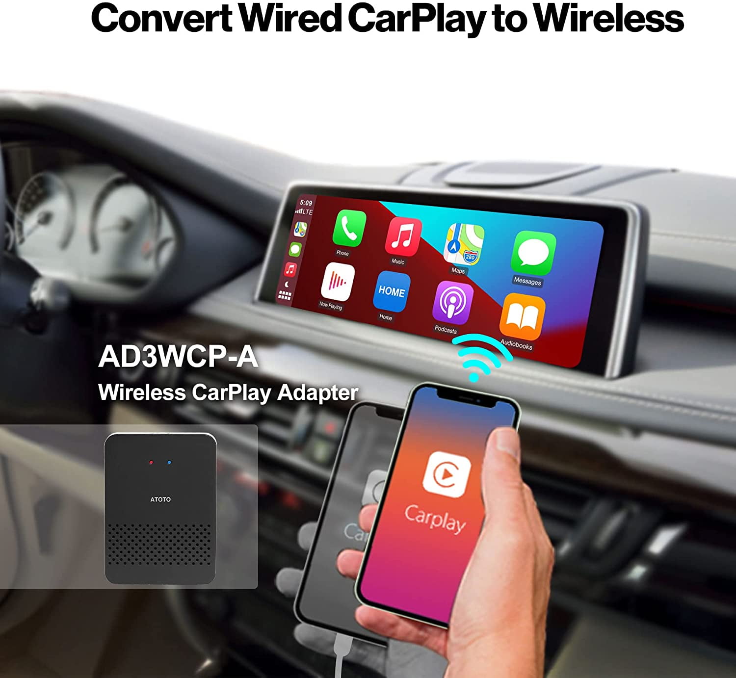 ATOTO AD3 Carplay Wireless Adapter AD3WCP-B Compatible with Chevrolet/Ram Pick-up/Subaru/Mercedes-Benz 2022 Upgrade Wired to Wireless Carplay Adapter for Factory or Aftermarket Car Stereo 