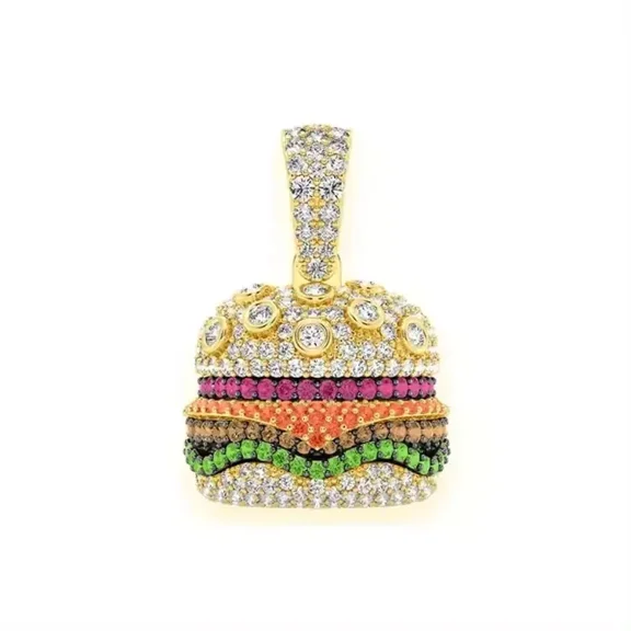 2.80Ct Round Lab Created Men's Custom Burger Pendant 14K Two-Tone Gold Plated