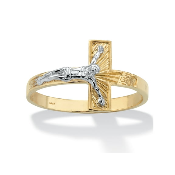 PalmBeach Jewelry Two-Tone Textured Solid 10k Yellow and White Gold Horizontal Crucifix Ring