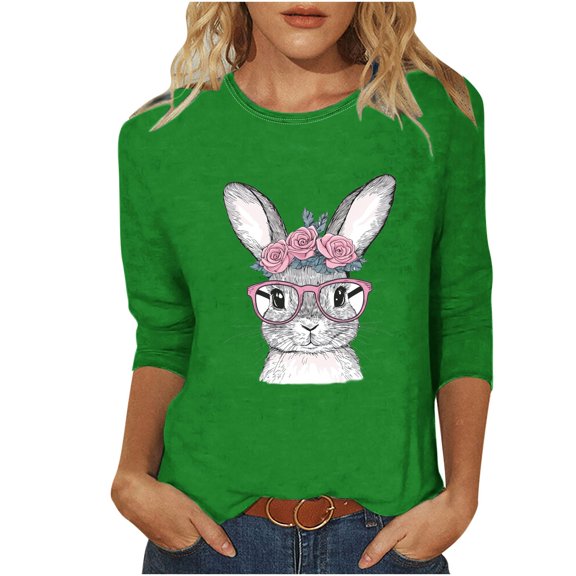 Lady Easter Bunny Top 3/4 Sleeve Blouse Rabbit Print Clothing Summer Outfits Clothing