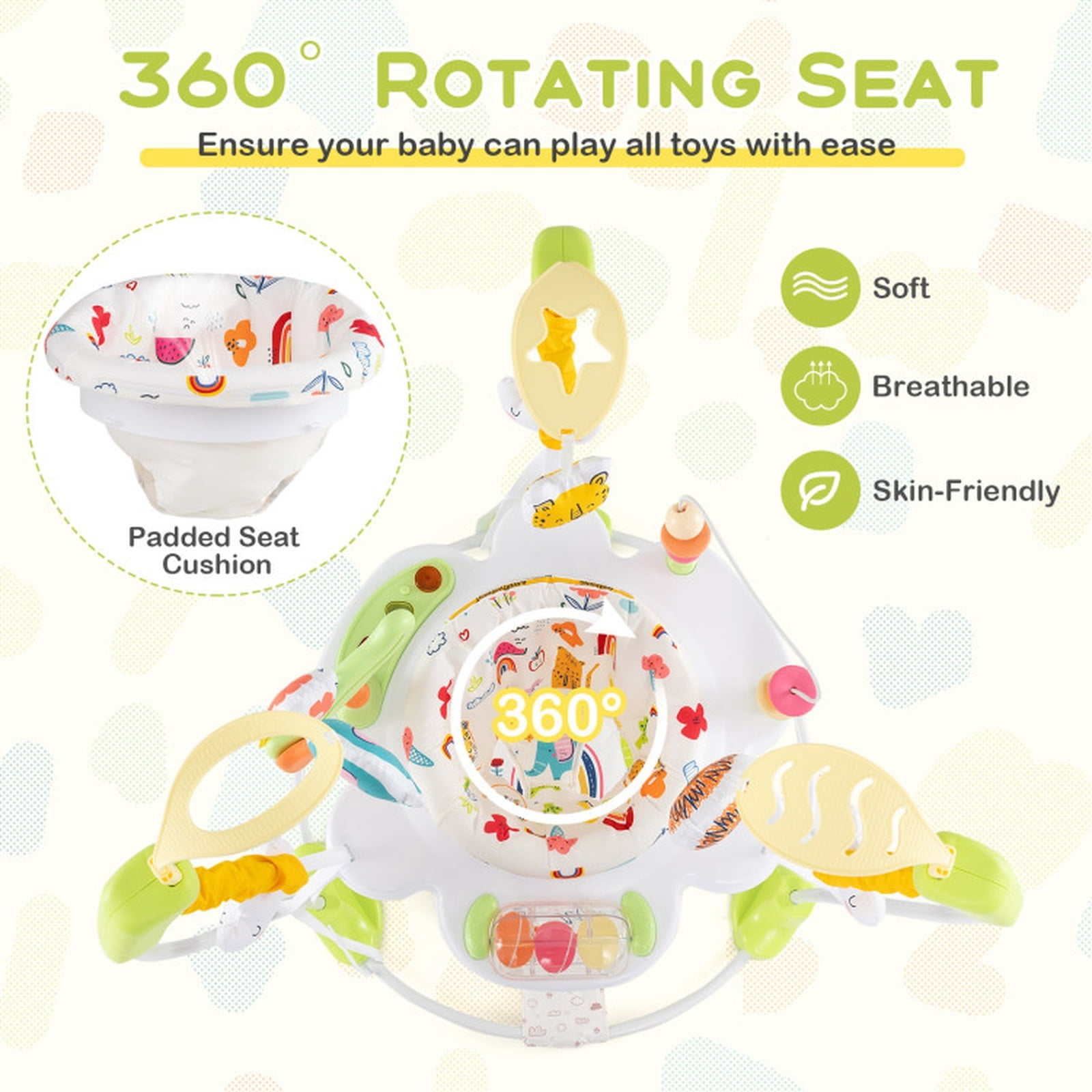 SUGIFT Adjustable Bouncer Activity Center Saucer with 360 Degree Rotating Seat, Ten Interactive Toys, Musical Light Tray and Padded Seat for Nursery Play, Yellow