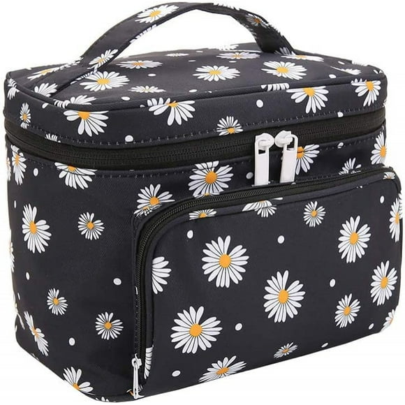 Bolsa de maquillaje HUOGUO Daisy Travel, grande, con soporte para brochas, color negro