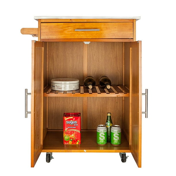 Ktaxon Wood Kitchen Trolley Cart Rolling Kitchen Island Cart with Stainless Steel Top Storage Cabinet Drawer and Towel Rack