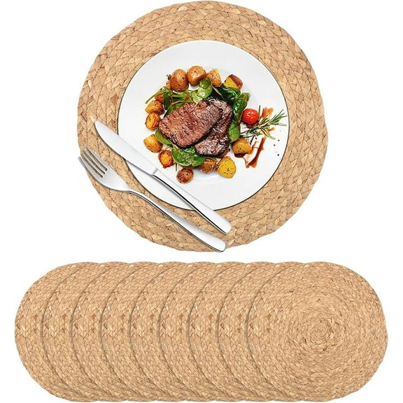 Boho Woven Placemats Set of 10 pc, 13 Inch Natural Water Hyacinth Chargers, Rustic Round Table Mats for Everyday Dining, Parties & Gatherings