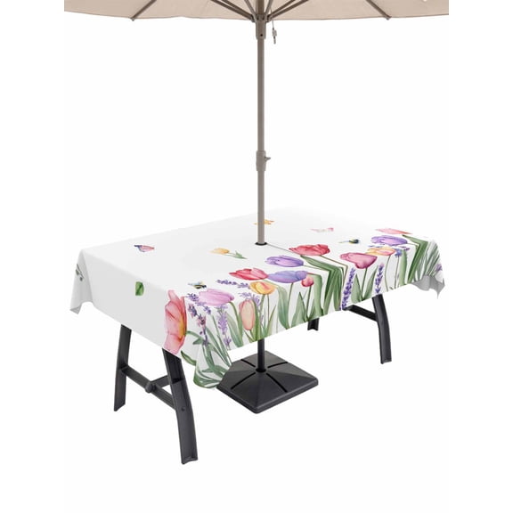 Outdoor Tablecloth with Umbrella Hole for Patio/Picnic/Party/Camping, Spring Tulips Waterproof Table Cloth Rectangle Table Cover Washable, Colorful Floral Spring Farmhouse (54"x 80")