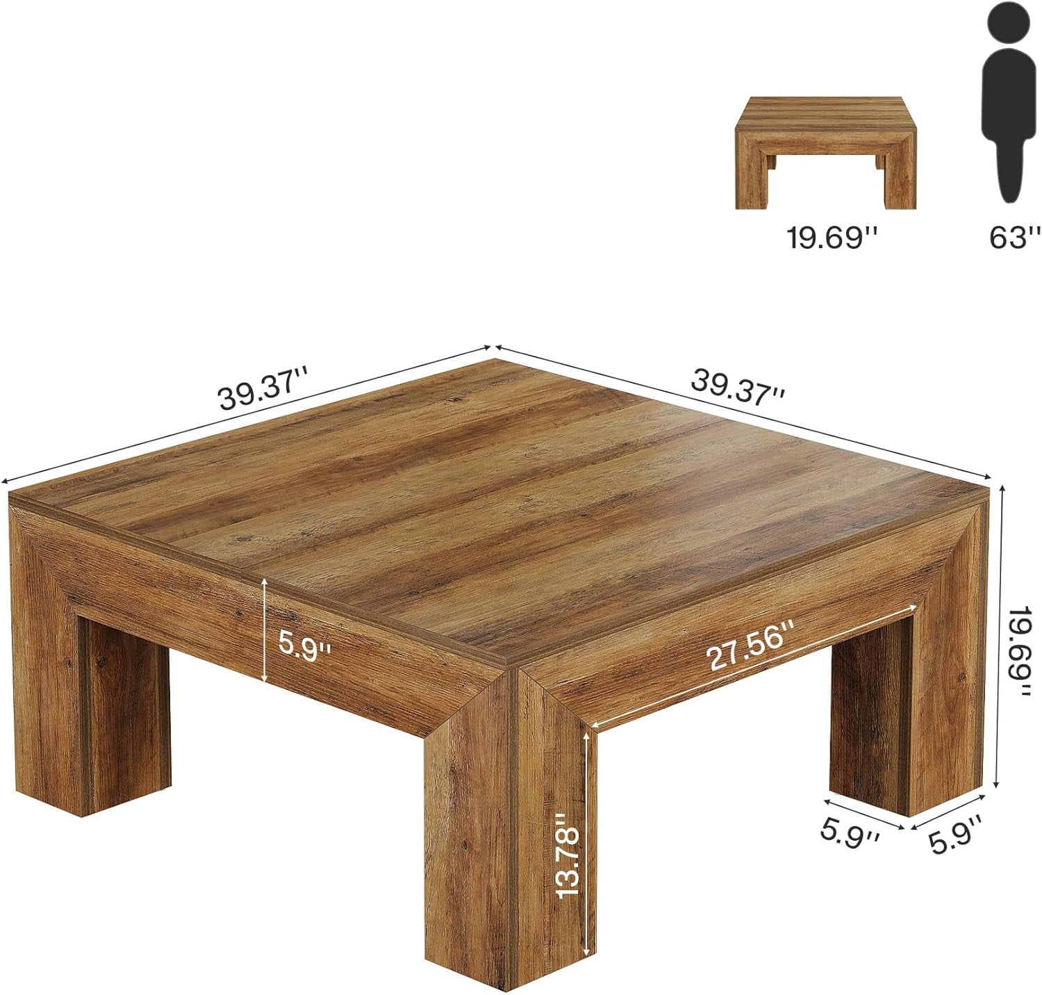 Tribesigns 39.37" Low Square Coffee Table, Farmhouse Large Tea Accent Table Center Table for Living Room(Rustic Brown)